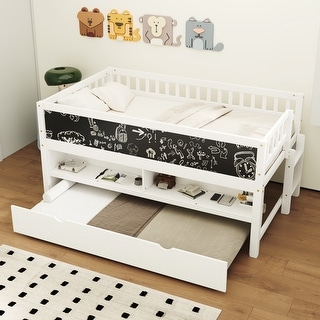 Twin Size Wood Low Loft Bed with Storage Shelves, Blackboard & Trundle, No Box Spring Needed
