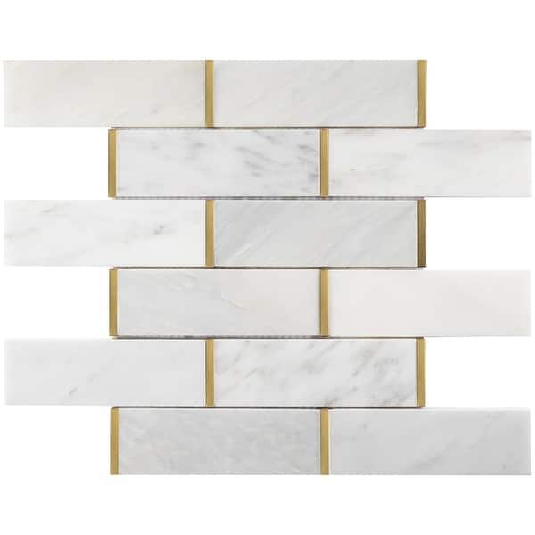 TileGen. Natural Bianco 2" x 6" Subway Metal and Marble Mosaic Tile in Gold/ White Wall (10 sheets/9.7sqft.) - Overstock - 32168529