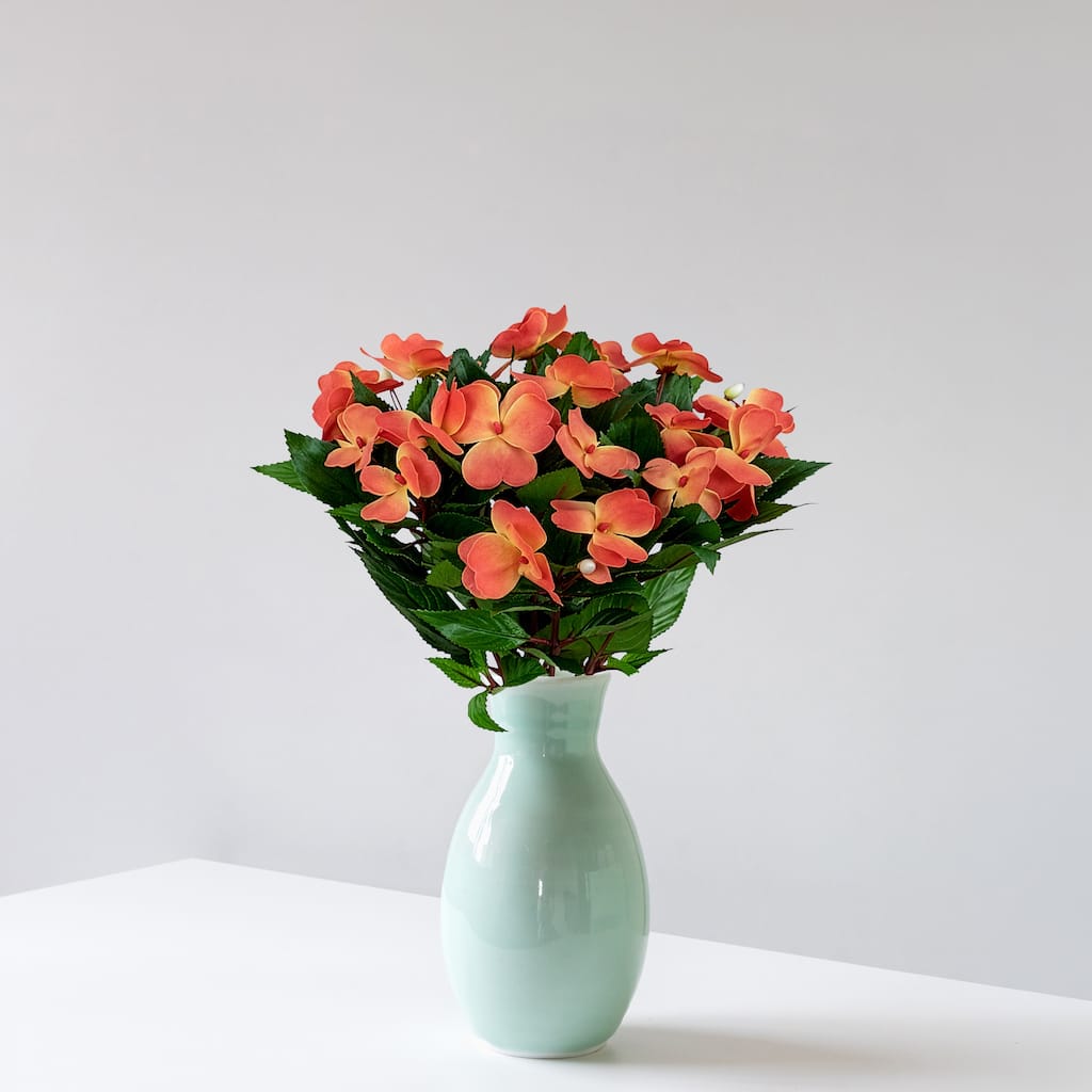 New Guinea Impatiens Artificial Bush Spray - 13.75" - Salmon Pink