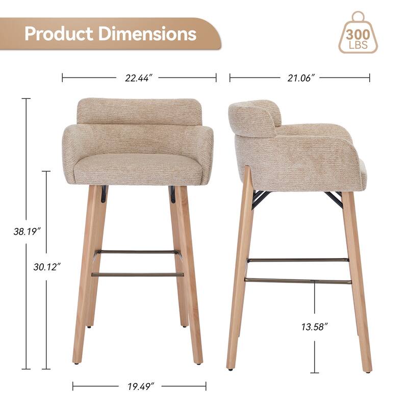 30''H Bar Stool With Solid Wood Frame And Foam Seat (Set of 2)