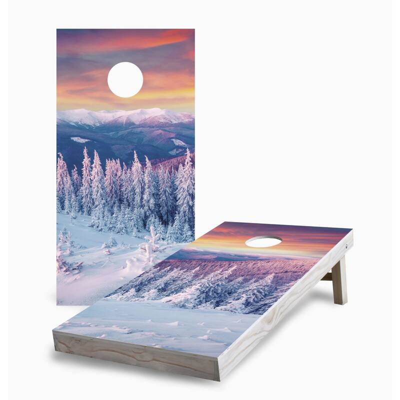 Sunrise Winter Mountains Cornhole Game (Choose Wraps or Boards) - 2x4 Boards (24" x 48") - Include Hole + Edge Lights