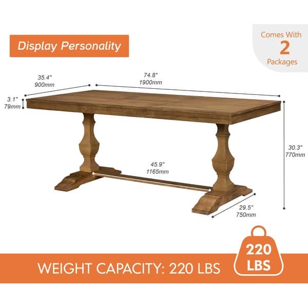 dimension image slide 0 of 2, 74.8-inch Long Vintage Farmhouse Dining Table for 6-8 People,Sturdy Wooden Frame,Solid Wood Double Pedestal Legs