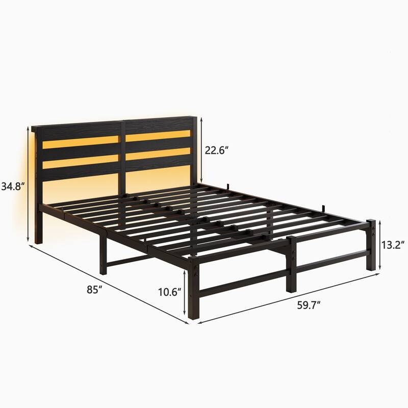 Modern Metal Bed with Wooden Headboard, RGB Lights & Storage Shelf