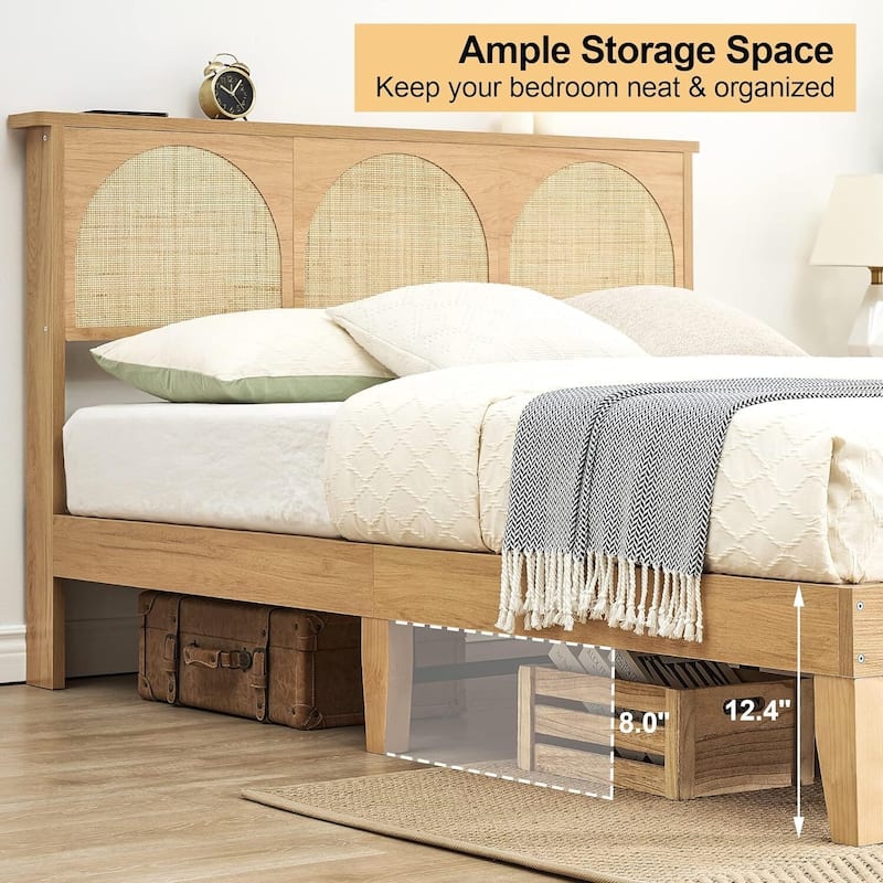 Bed Frame with Natural Rattan Headboard