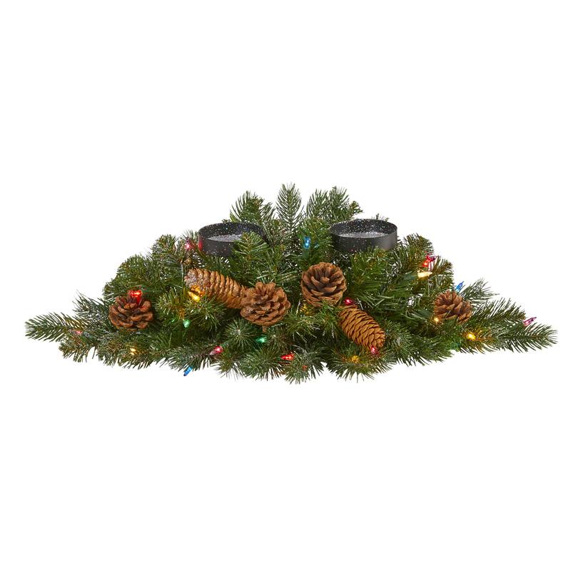 24" Flocked and Glittered Artificial Christmas Double Candelabrum with 35 Multicolored Lights and Pine Cones - 24