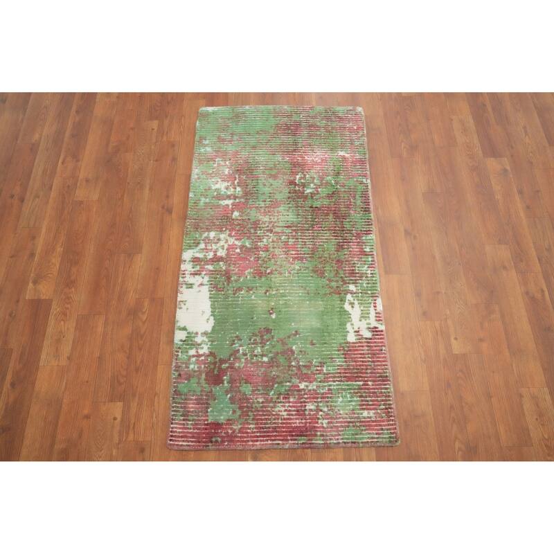 Hand Knotted Oriental Viscose Silk Carpet Modern All-Over Green Abstract Area Rug - 4' 0'' X 2' 0''