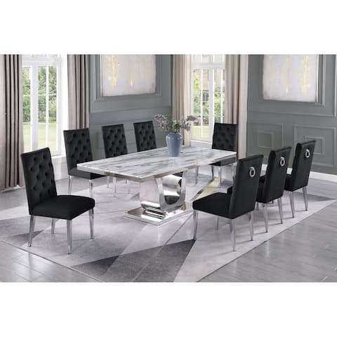 Best Quality Furniture White Genuine Marble 9pc Dining Set w/Rings