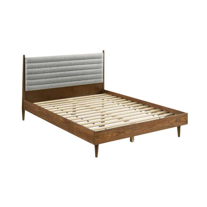 Artemio Black or Walnut Wood Queen Platform Bed Frame with Grey Upholstered Headboard