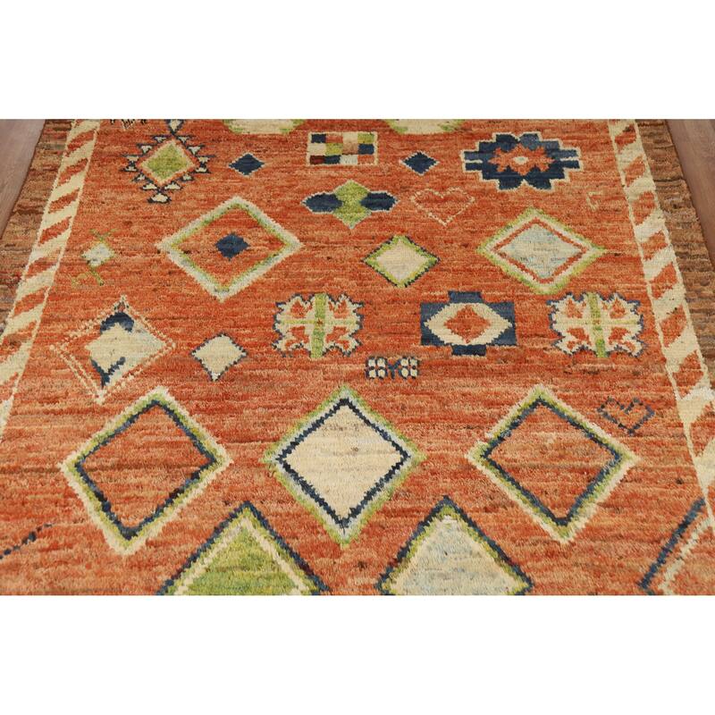 Moroccan Oriental Area Rug Handmade Orange Geometric Wool Carpet - 6'10" x 9'9"