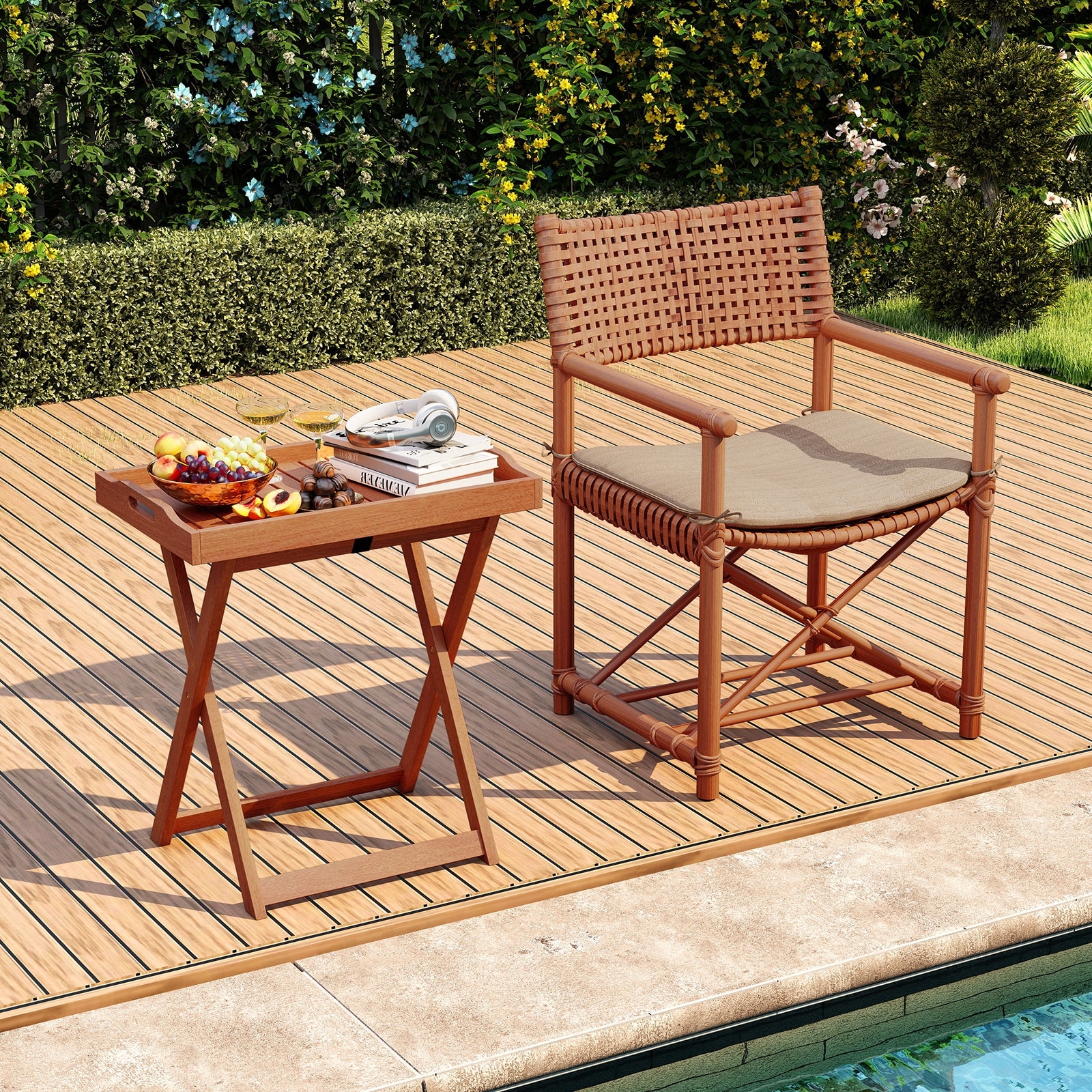 Gymax Patio Solid Wood Tray Table w/ Removable Top Rectangular TV