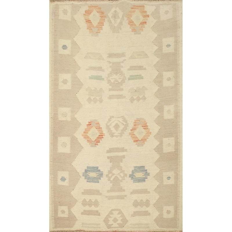 Hand Woven Oriental 100% Wool Carpet Southwestern Tribal Beige & Ivories Kilim Area Rug - 4' 9'' X 3' 2''