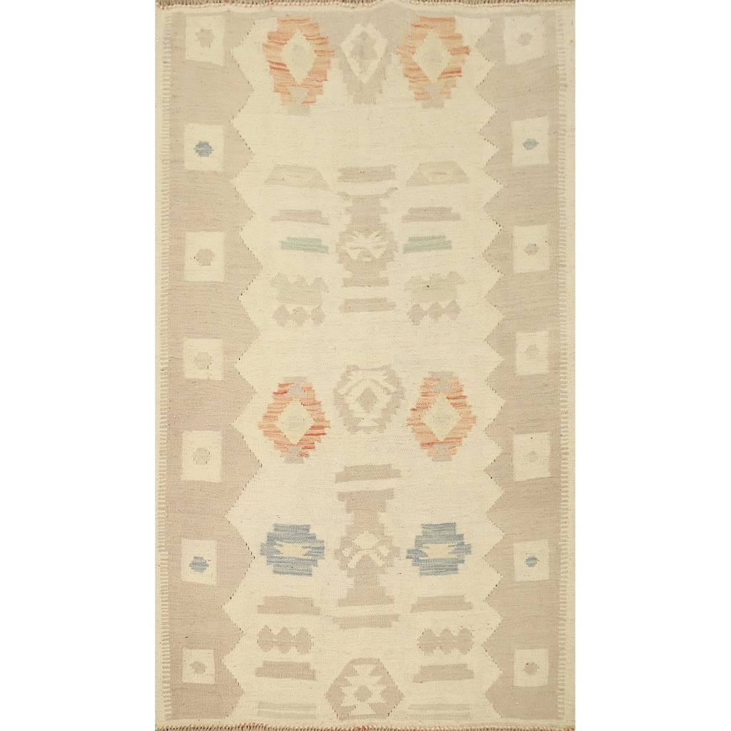Hand Woven Oriental 100% Wool Carpet Southwestern Tribal Beige & Ivories Kilim Area Rug - 4' 9'' X 3' 2''