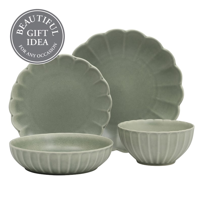 Gibson Elite Malibu Shore 16 Piece Scallop Stoneware Reactive Glaze (Service for 4) Ceramic Plates and Bowls Dinnerware Set