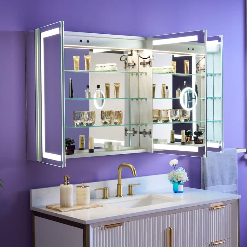 30" H Recessed or Surface LED Mirror Cabinet with Adjustable Glass Shelves,Defogger, Dimmer And Outlets & USB Ports