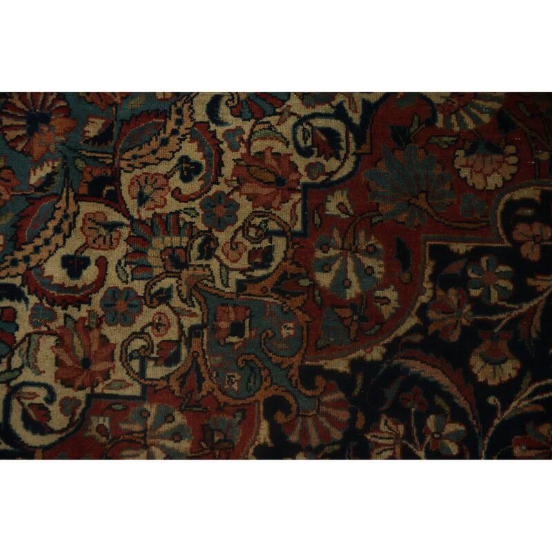 Hand Knotted Oriental 100% Wool Carpet Traditional Floral Navy Blue & Blues Kashan (Dabir) Area Rug - 11' 2'' X 8' 6''