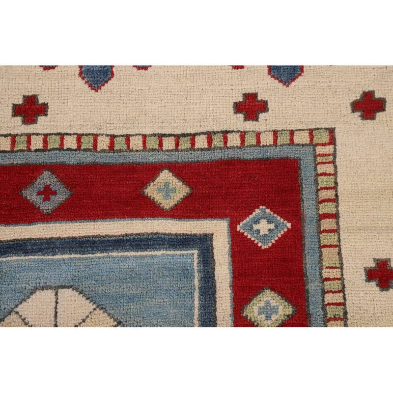 Light Blue Geometric Kazak Area Rug Living Room Handmade Wool Carpet - 6'4" x 9'10"