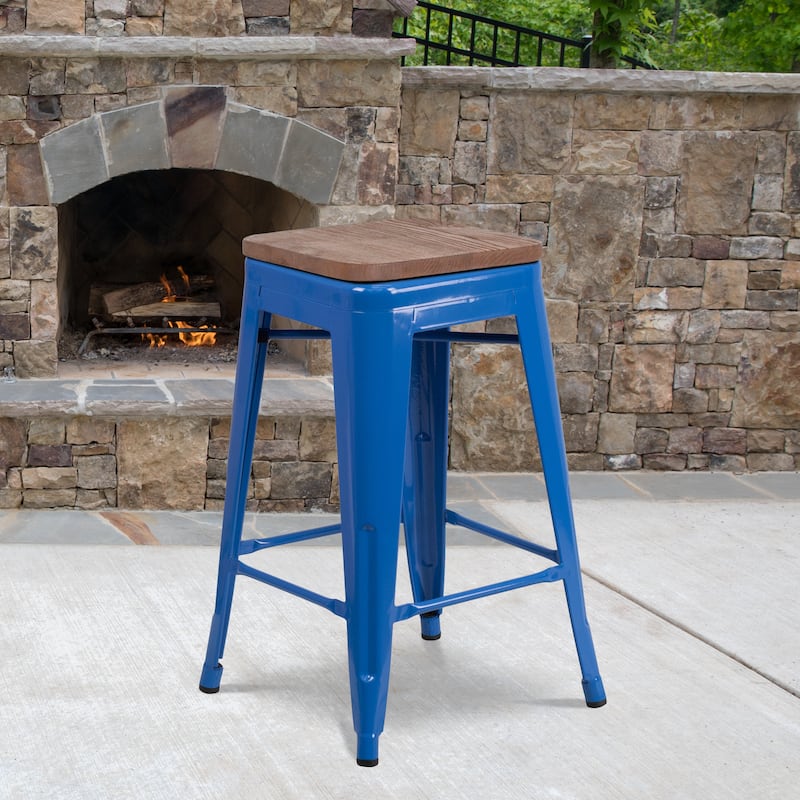 24" High Backless Metal Counter Height Stool with Square Wood Seat - Blue