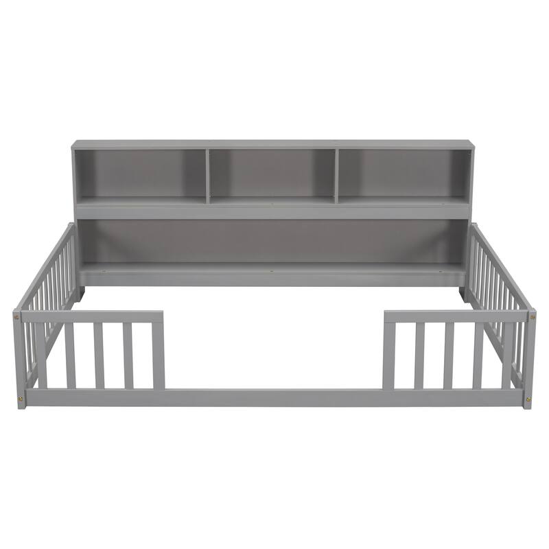 Modern Twin/Full Floor Bed with Side Storage, Bookcase & Safety Guardrails for Kids & Teens