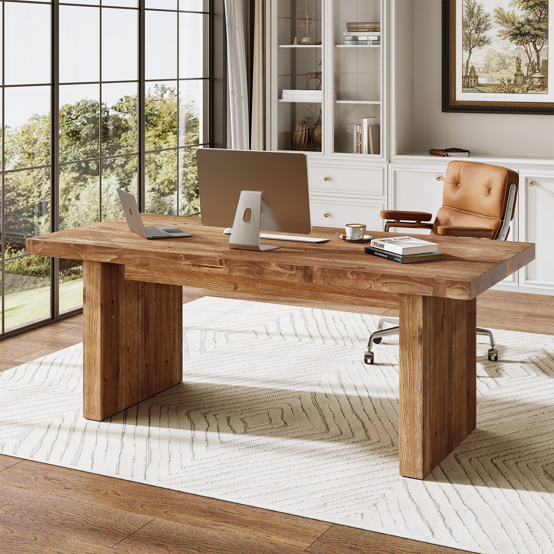 63 Inch Solid Wood Executive Desk, Farmhouse Office Desk Workstaticon