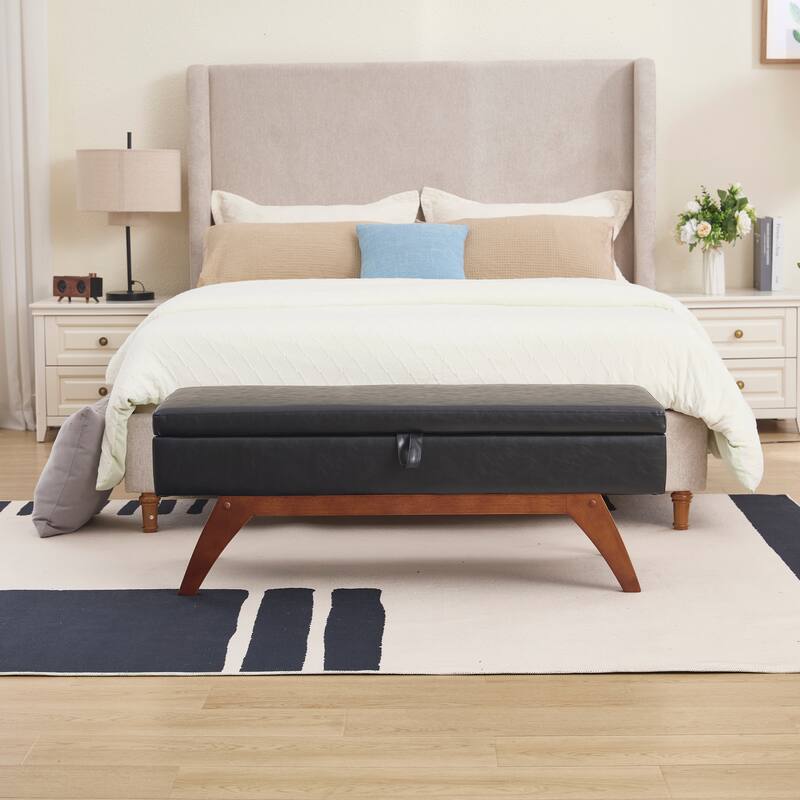 Teddy Fabric Storage Ottoman Bench with Solid Wood Feet - Plush Upholstered Footrest for Bedroom or Living Room