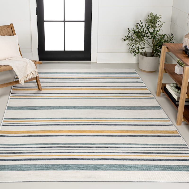 JONATHAN Y Reversible Zephyr Classic Coastal Ticking Stripe Machine-Washable Cream/Navy Indoor/Outdoor Rug