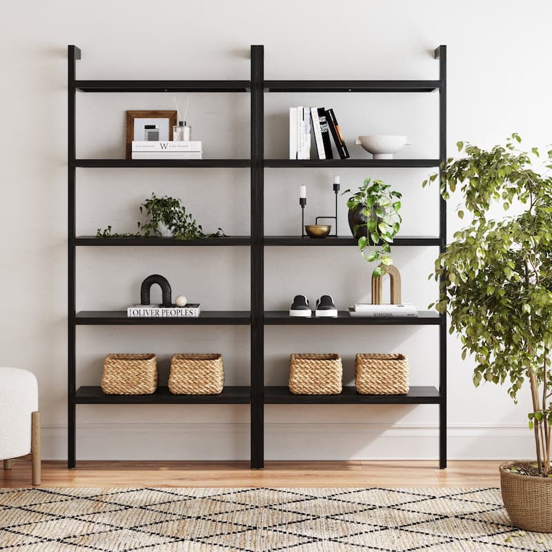 Beacon Boho Rustic 5 Tier Bookshelf, Wall Mounted Solid Wood Bookcase - Set of 2 - Black Oak