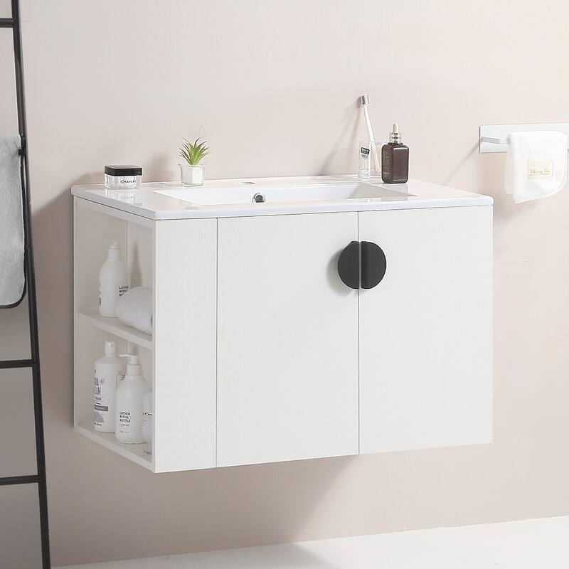 Bathroom Vanity with Sink, 2 Doors & Open Storage Shelf - White-Left Side Open Shelf