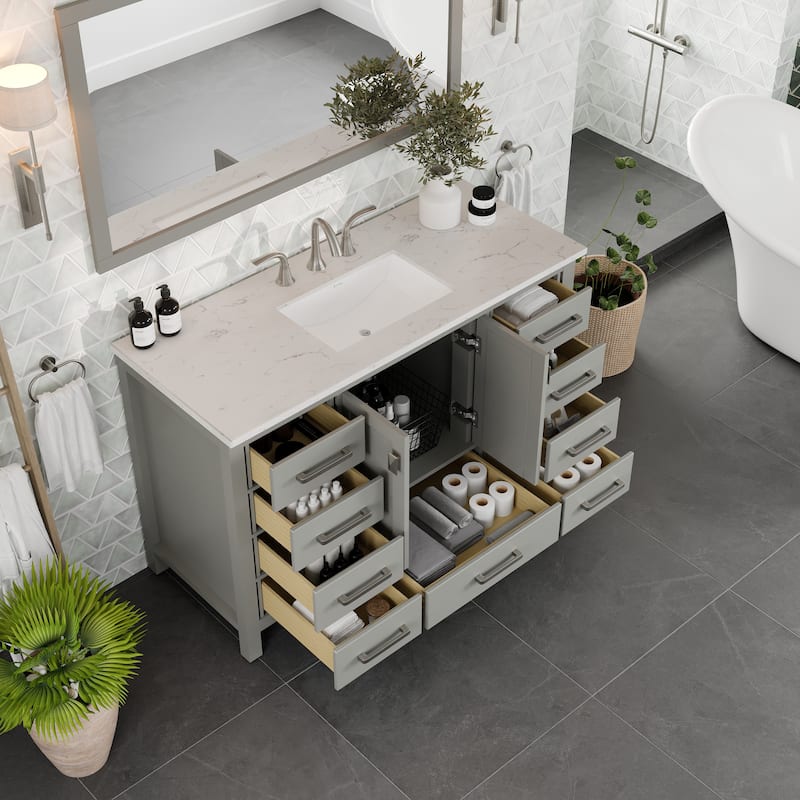 Eviva Aberdeen 42"W x 22"D Grey Bathroom Vanity with Carrara Quartz Countertop and Undermount Porcelain Sink