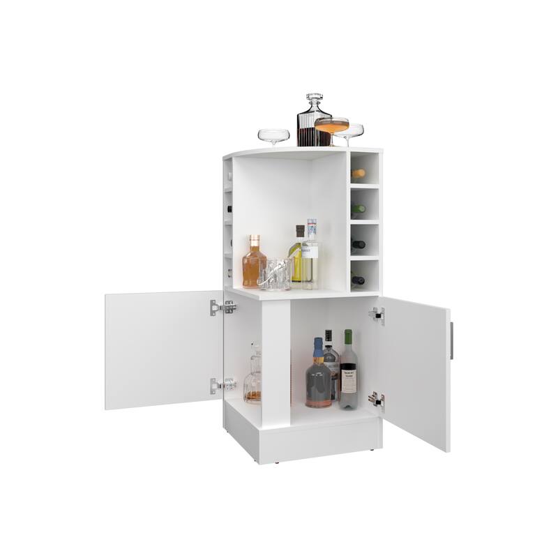 FM FURNITURE Toyei Corner Bar Cabinet with Bottle Rack, Open Shelves, and Hidden Storage, White