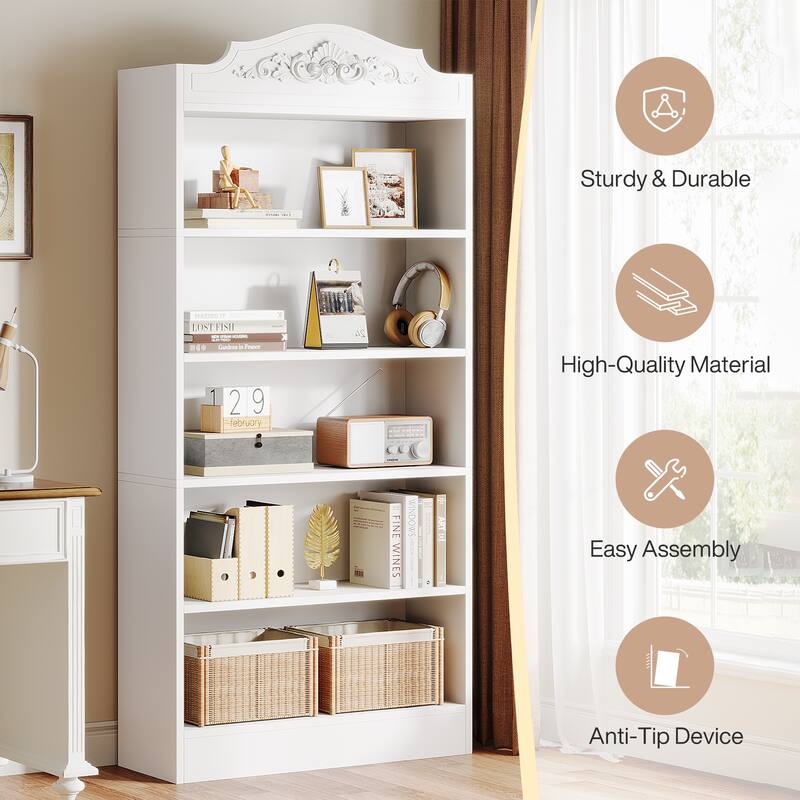 5-Tier Bookcase, Wood Bookshelf for Living Room, Bedroom, Home Office, White