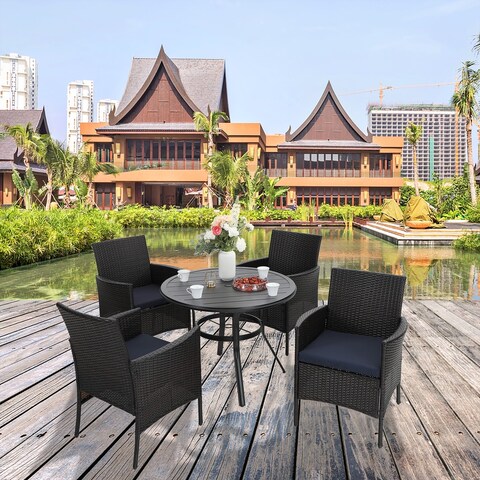 5-Piece Patio Dining Set, 1 Round Metal Steel Dining Table with 1.57"umbrella hole and 4 PE Rattan Chairs