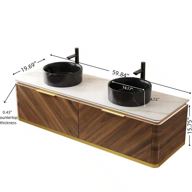 Floating Bathroom Vanity with Sintered Stone Top and Black Ceramic Round Basin