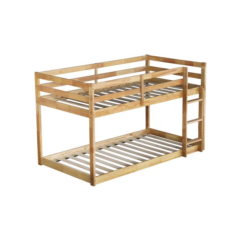 Roomfitters Solid Rubber Wood Twin over Twin Floor Bunk Bed with Ladder, Reinforced Slat Platforms, Low Height Design