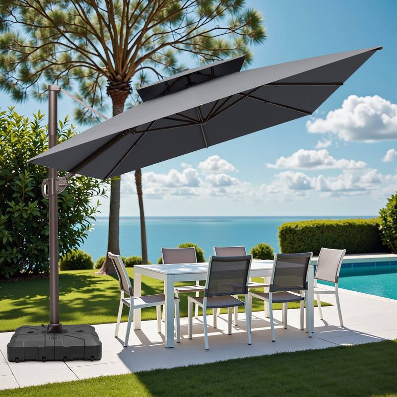 9 x 12 FT Outdoor Patio Double Top Rectangular Cantilever Umbrella with Wheel Base