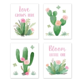 Sweet Jojo Designs Pink and Green Watercolor Cactus Floral Collection Wall Decor Art Prints (Set of 4) - Love Grows Here