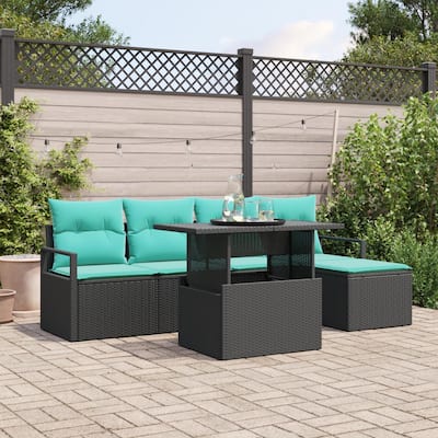 vidaXL 6 Piece Garden Sofa Set with Cushions Black Poly Rattan - 90.6×46.1×27.2