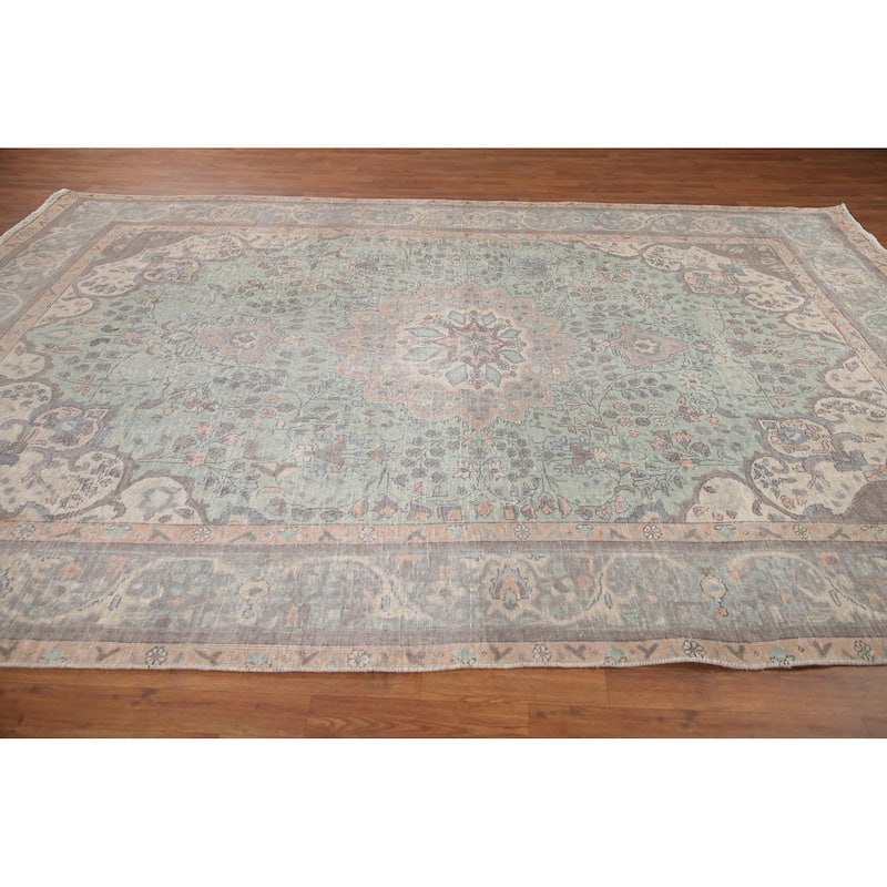 Hand Knotted Oriental 100% Wool Carpet Traditional Floral Green Tabriz Area Rug - 11' 7'' X 8' 1''