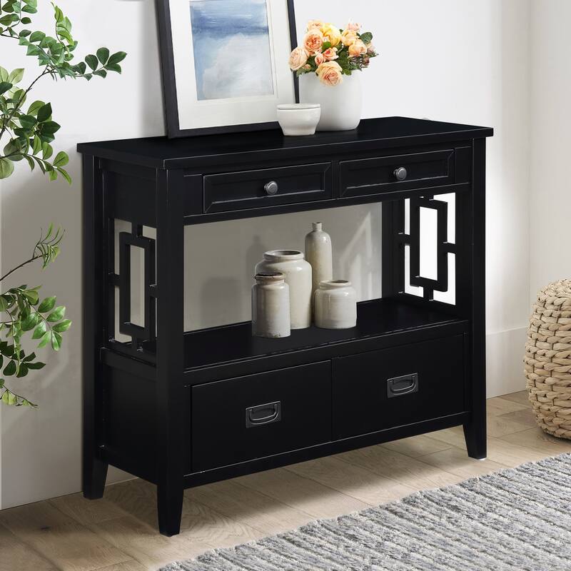 36" Country Console Table with Hollow Decorative, Solid Wood Living Room Entryway Sofa Table with 4 Drawers and Open Shelf