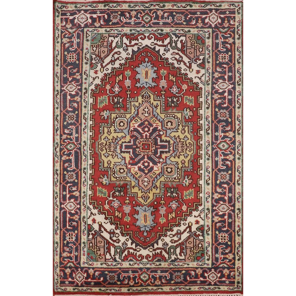 Geometric Heriz Serapi Indian Accent Rug Hand-Knotted Wool Carpet - 4'0" X 6'0"
