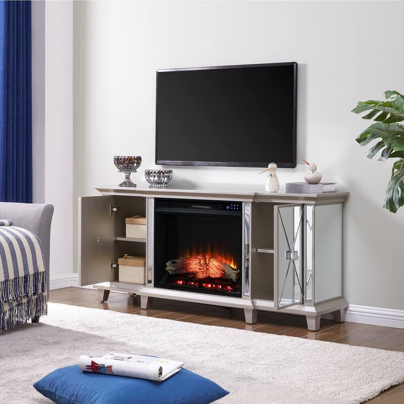 58 in. Freestanding Wood Smart Electric Fireplace TV Stand in White for energy efficient home heating