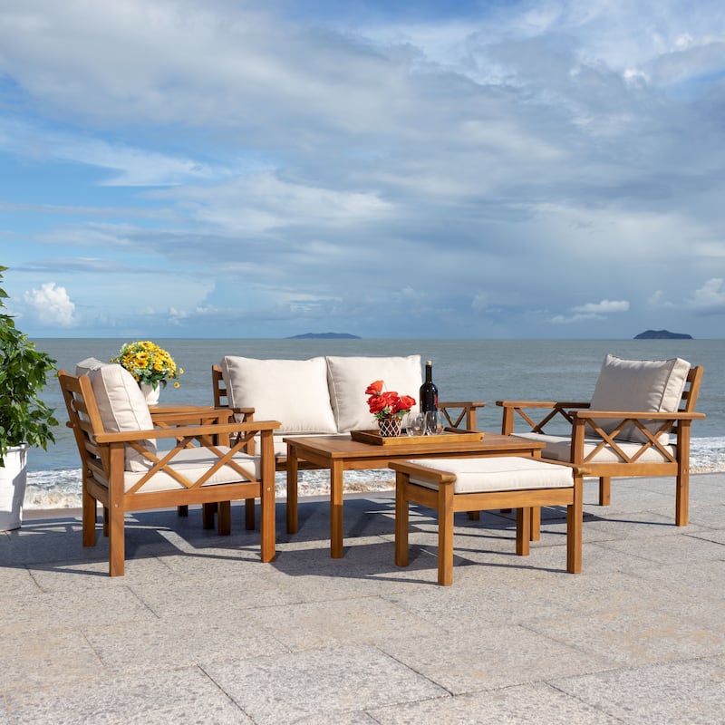 SAFAVIEH Outdoor Unnur 6-Piece Outdoor Set - 344W x 30D x 28H - Natural / Light Grey