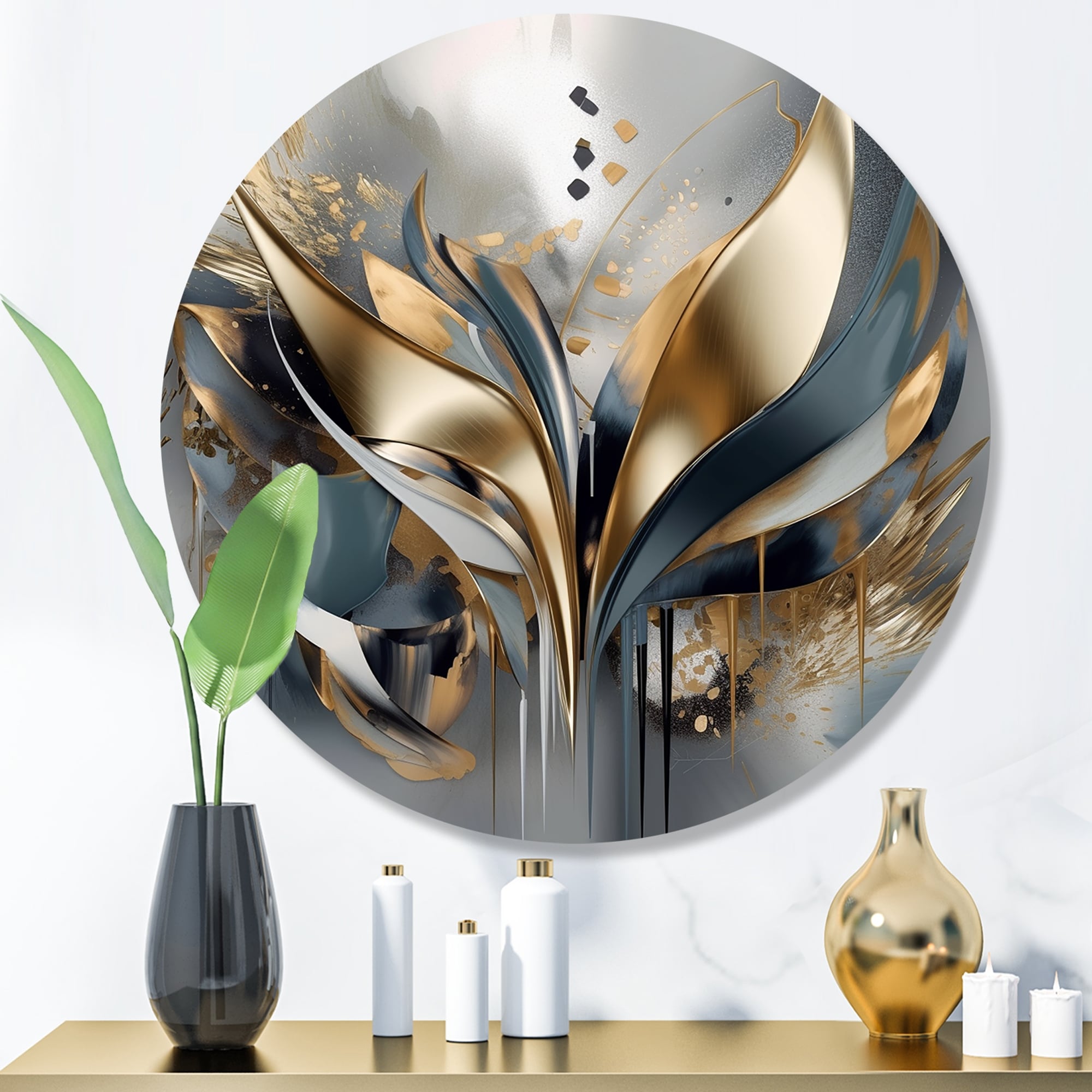 Designart "Abstract Shapes And Lines IV" Abstract Marble Metal Round Wall Art Print