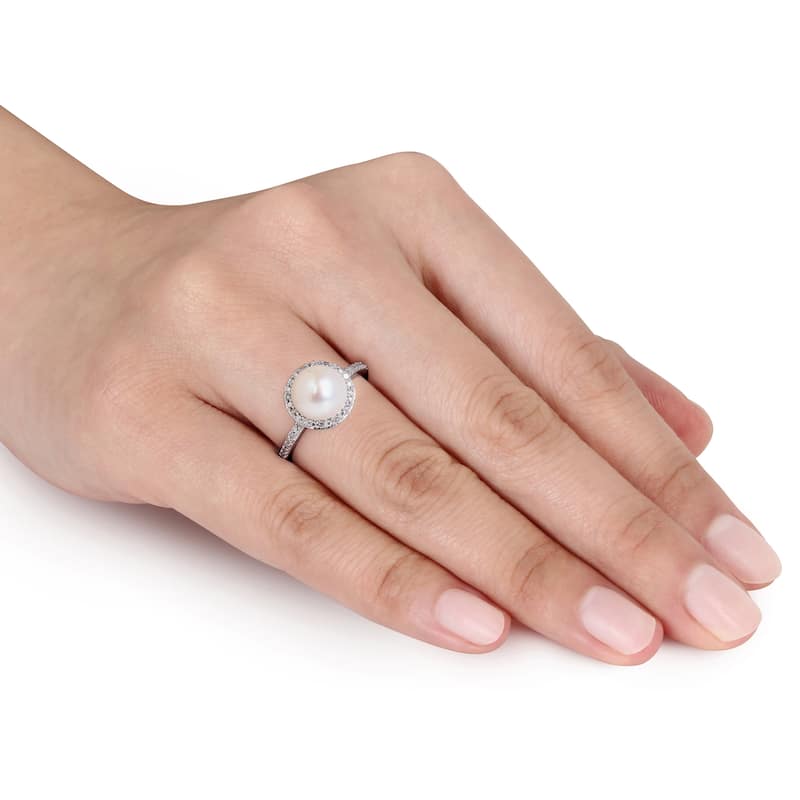 Miadora 8-8.5mm Japanese Akoya Cultured Pearl 1/10 CT TW Diamond Ring Sterling Silver