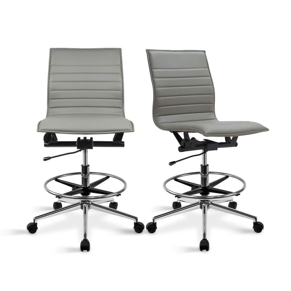 Set of 2 Modern Drafting Chair Upholstered PU Leather Ribbed Armless Mid Back with High Adjustable Base & Leg Rest