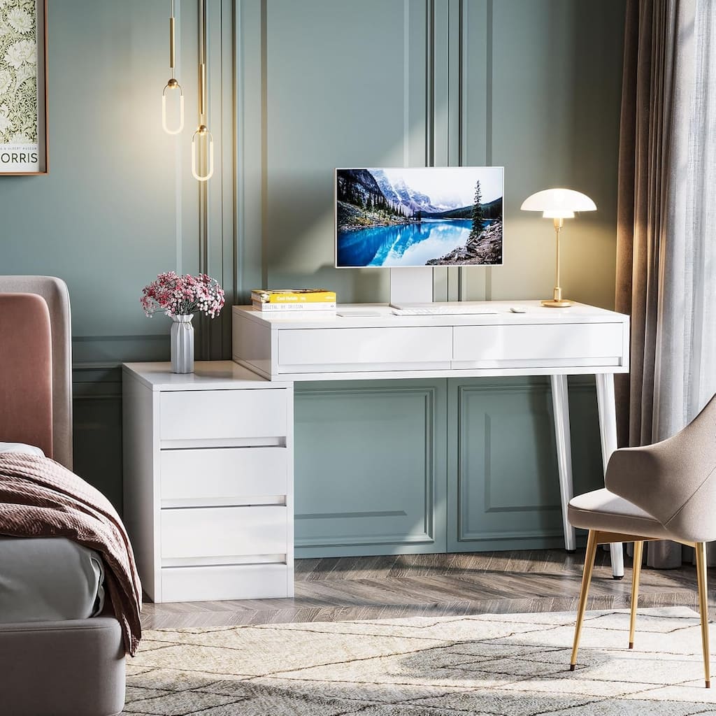 39" Modern White Desk with 5 Drawers & Printer Stand, Reversible Computer & Vanity Table