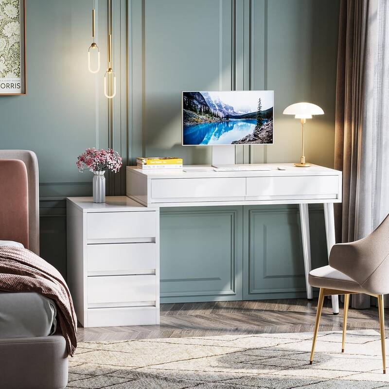 39" Modern White Desk with 5 Drawers & Printer Stand, Reversible Computer & Vanity Table