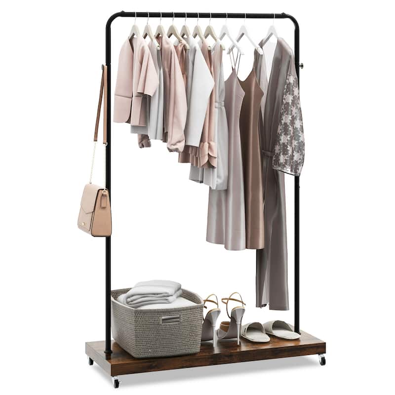 Costway Industrial Pipe Rolling Garment Rack Heavy Duty Clothing Rack - See Details - Rustic Brown + Black - See Details