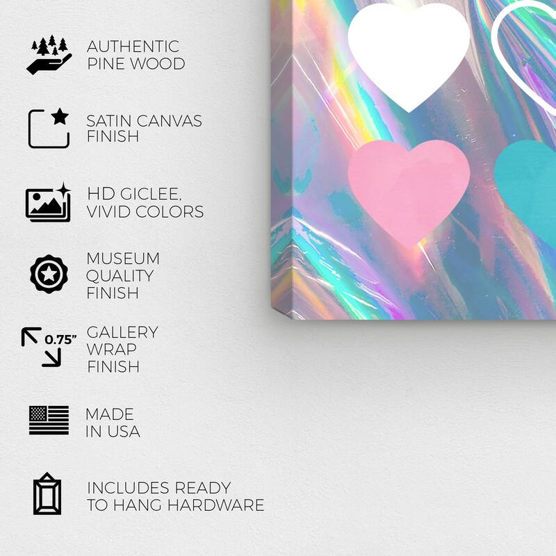 Wynwood Studio Canvas Fashion and Glam Holo Hearts Pink and Turquoise Modern & Contemporary Wall Art Canvas Print
