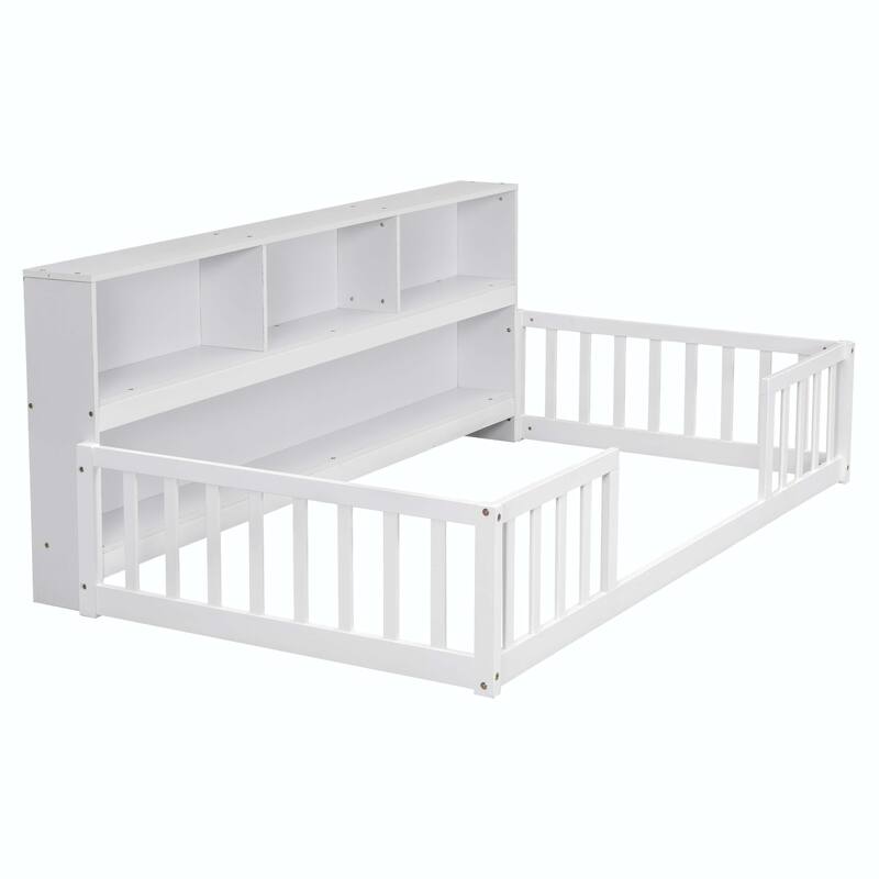 Twin Floor Bed with Bedside Bookcase and Guardrails