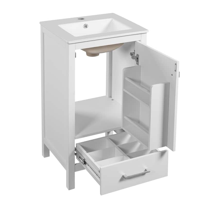 18-Inch Modern Bathroom Vanity with Ceramic Sink, Soft-Close Drawers and Door Organizer, Divider Drawer